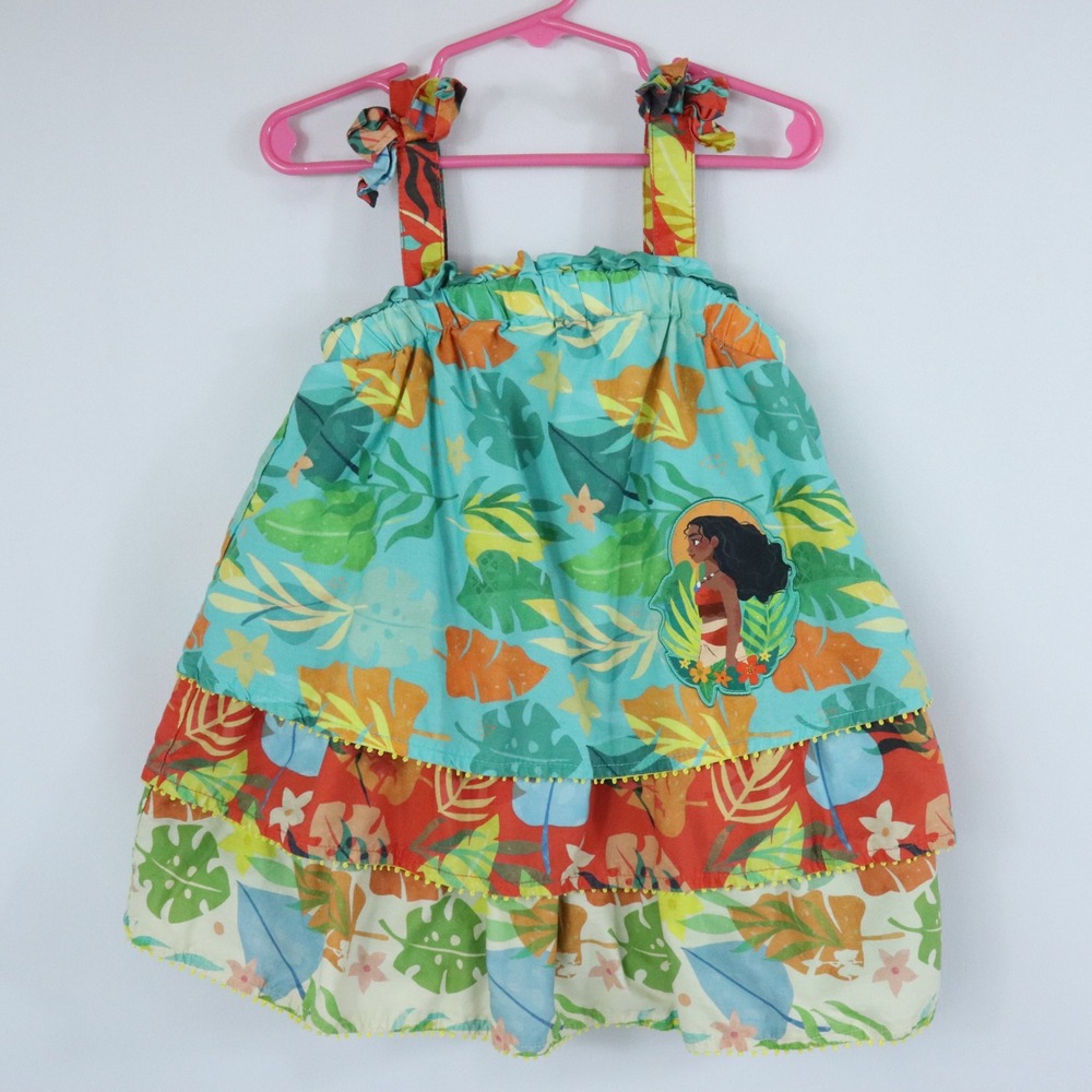 Disney Store Moana Tiered Ruffle Dress Tropical Floral Print Pom Trim Size 3